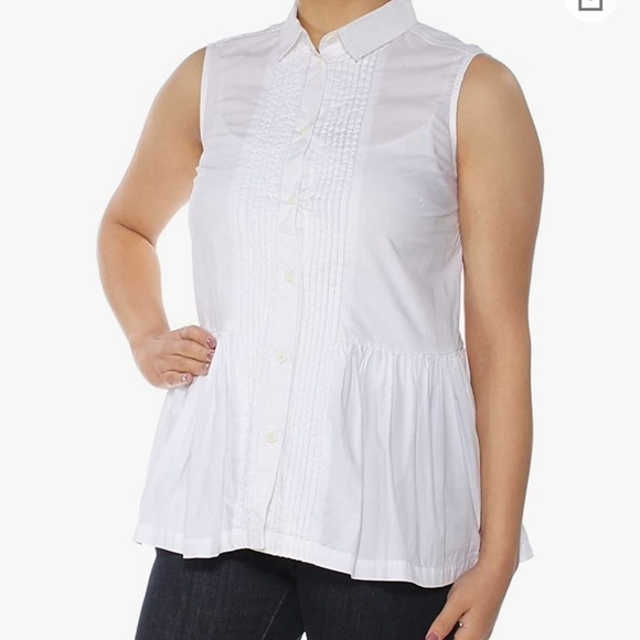 White sleeveless tuxedo pleated button down blouse - Picture 6 of 6